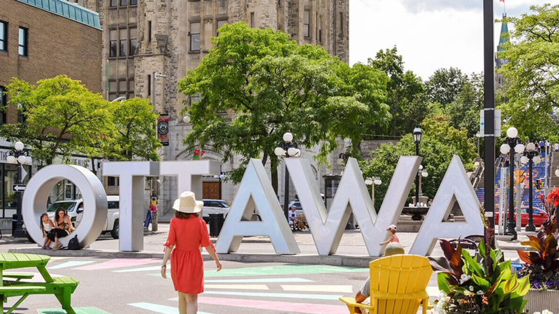 Low angle shot looking up at the Ottawa
sign, traffic & people passing by.